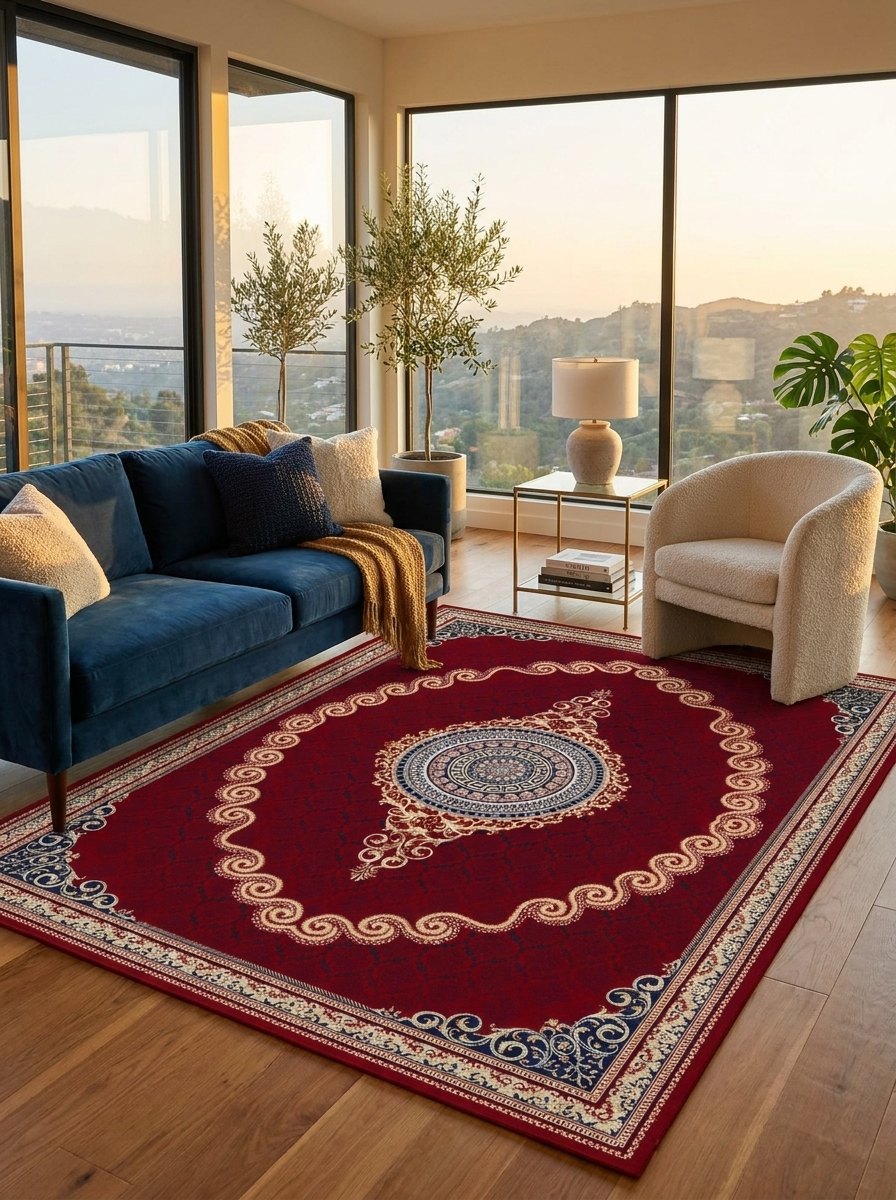 Red & Gold Scroll Persian Rug · 1200 Reeds rug styled in a Sacramento home — Stylish Rugs & Carpets