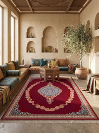 Crimson Red & Gold Scroll Persian Rug · 1200 Reeds styled in a room — Stylish Rugs & Carpets, Sacramento