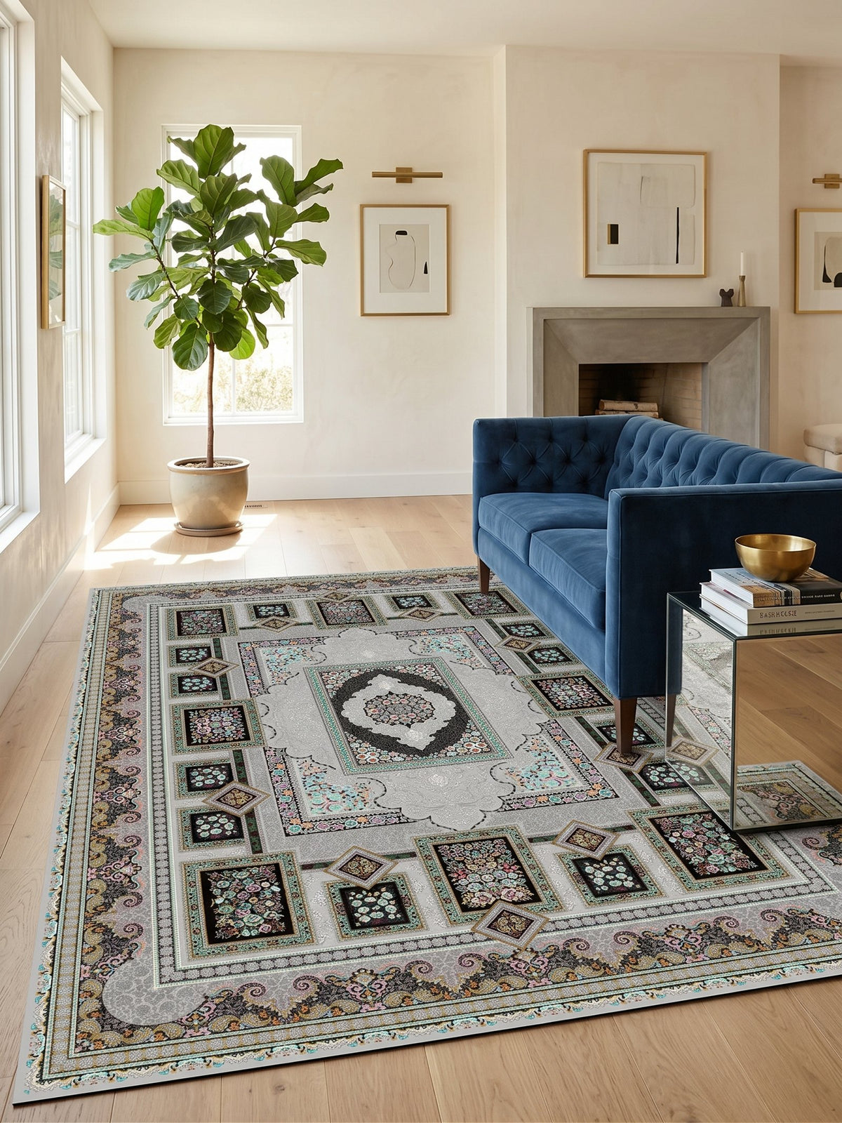 Silver Panel Persian Rug · 1200 Reeds — size 10x13 Feet (300x400 cm) 12Meters shown to scale in a living room — Stylish Rugs & Carpets, Sacramento