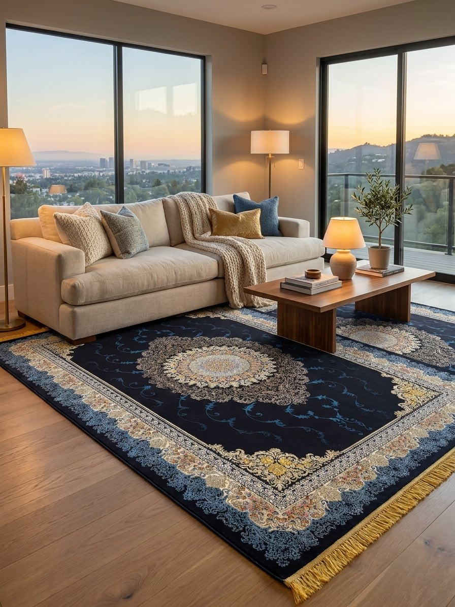 Classic Navy Medallion Persian Rug rug styled in a Sacramento home — Stylish Rugs & Carpets