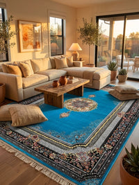 Light Blue & Gold Medallion Persian Rug rug styled in a Sacramento home — Stylish Rugs & Carpets