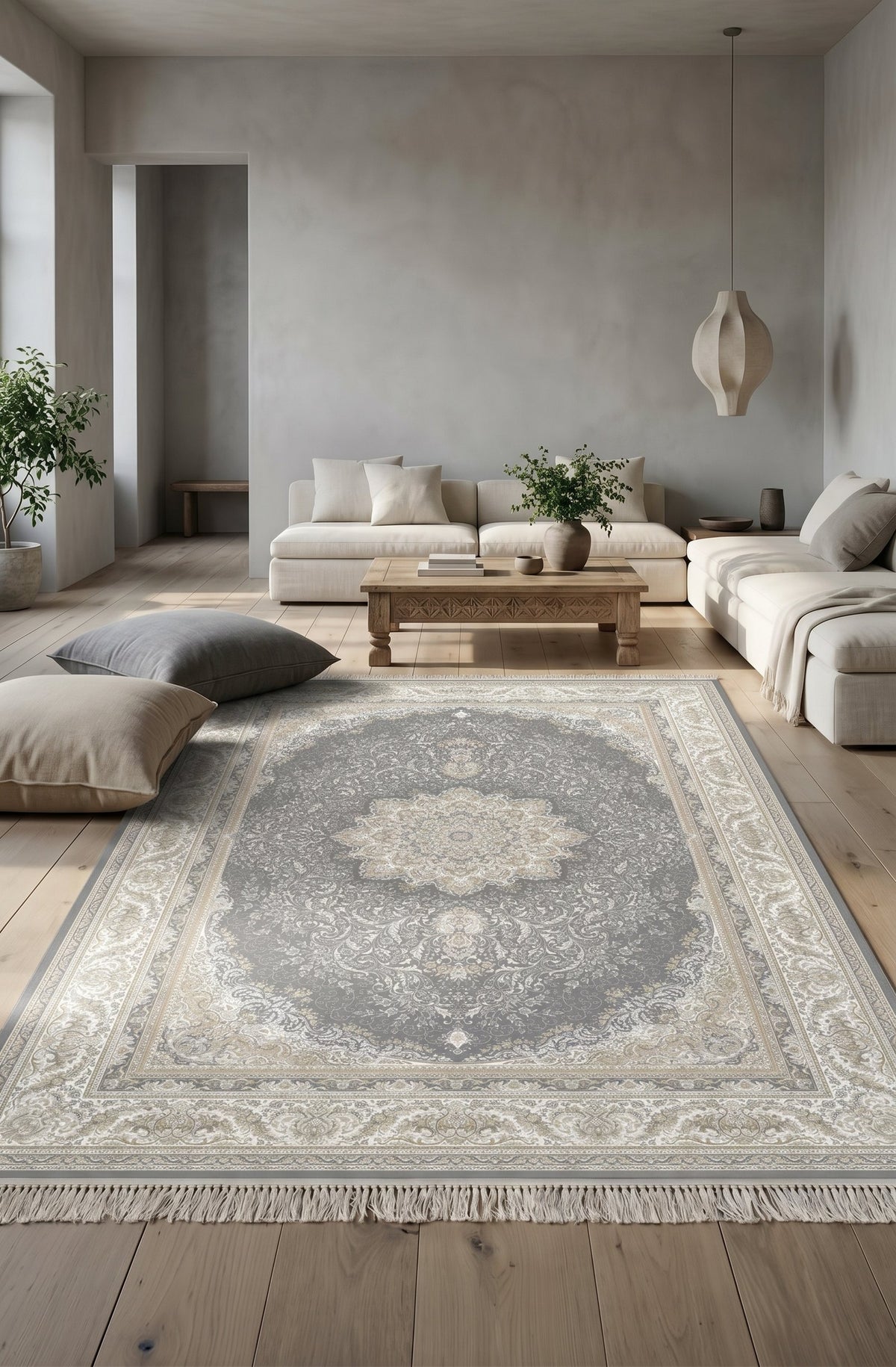 Grey & Cream Star Medallion Rug - Shadow Art Silk — area rug styled in a room, Stylish Rugs & Carpets, Sacramento