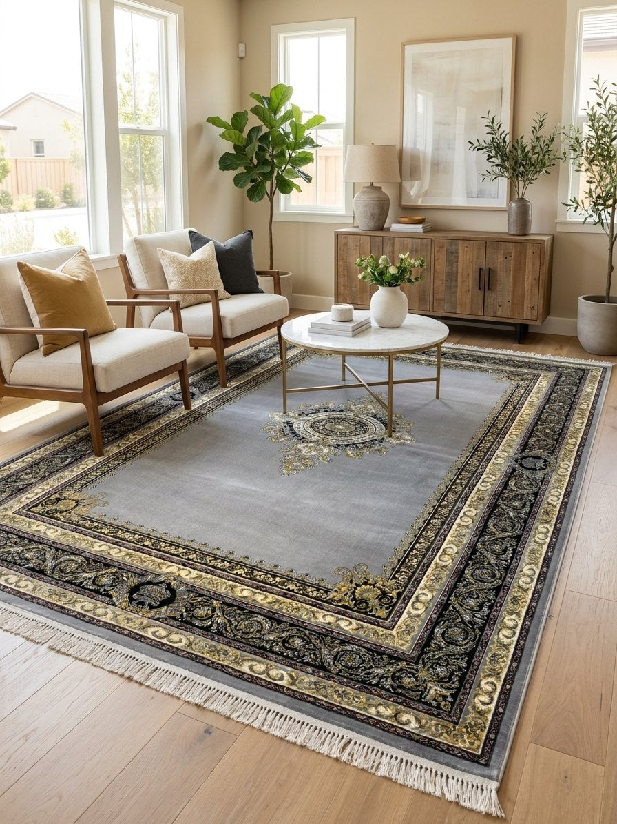 Gray & Gold Medallion Darbar Persian Rug rug styled in a Sacramento home — Stylish Rugs & Carpets