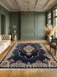 Mafkoor Persian Rug, Blue — 1200 Reeds styled in a room — Stylish Rugs & Carpets, Sacramento