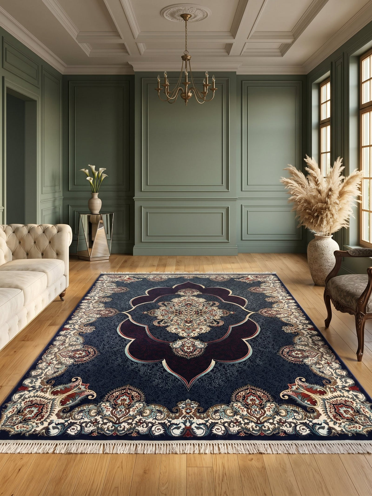 Mafkoor Persian Rug, Blue — 1200 Reeds styled in a room — Stylish Rugs & Carpets, Sacramento