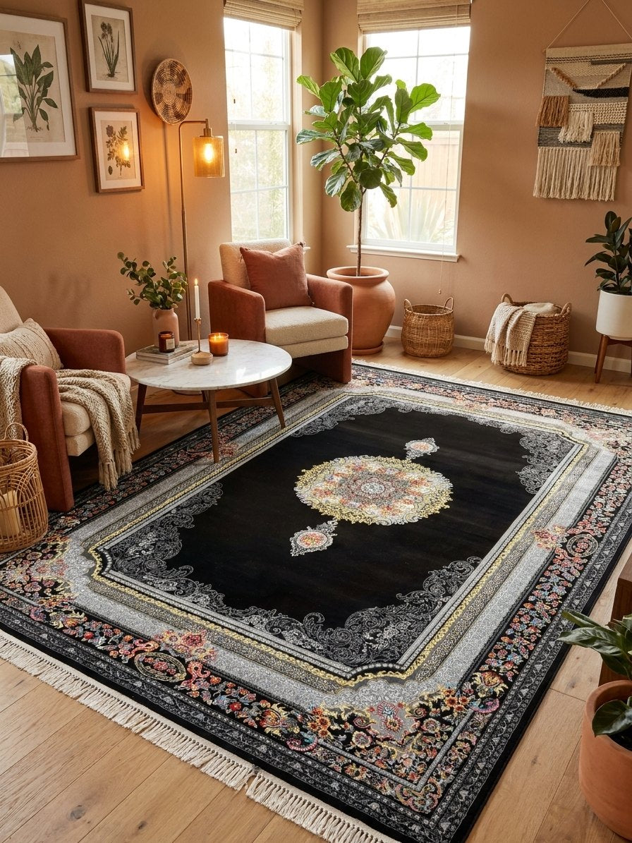 Black Medallion Shah Persian Rug rug styled in a Sacramento home — Stylish Rugs & Carpets
