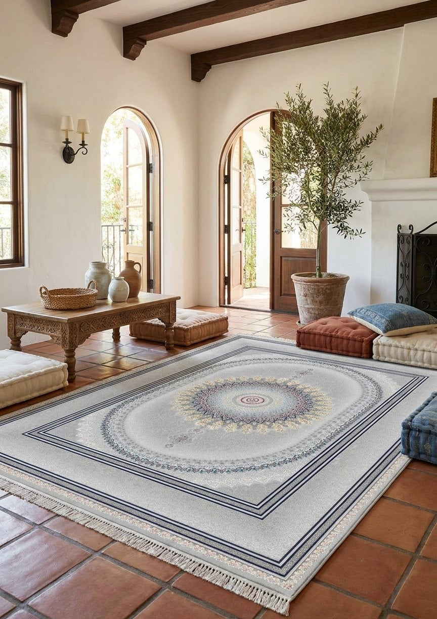 Light Gray Medallion Persian Rug · 1200 Reeds rug styled in a Sacramento home — Stylish Rugs & Carpets