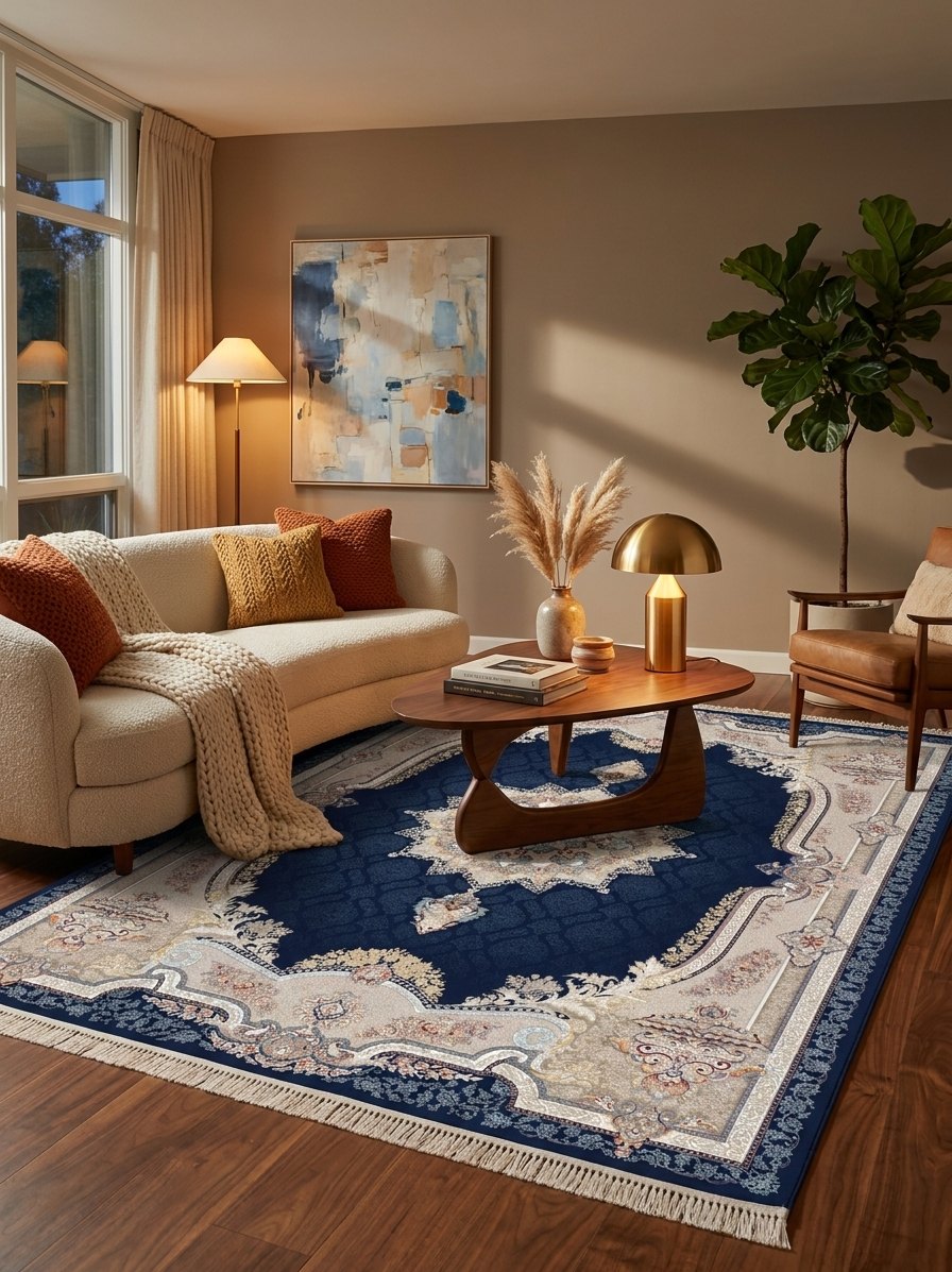 Navy Medallion Persian Rug · 1200 Reeds rug styled in a Sacramento home — Stylish Rugs & Carpets
