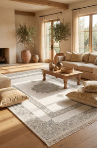 Cream Open-Field Medallion Rug - Shadow Art Silk — area rug styled in a room, Stylish Rugs & Carpets, Sacramento