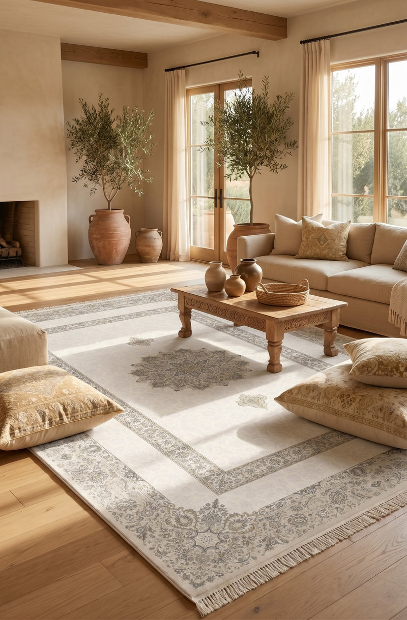 Cream open-field medallion rug from the Shadow line, Art Silk pile