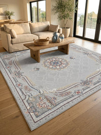 Silver Medallion Persian Rug · 1200 Reeds — size 8.2x11.5 Feet (250x350 cm) 9Meters shown to scale in a living room — Stylish Rugs & Carpets, Sacramento