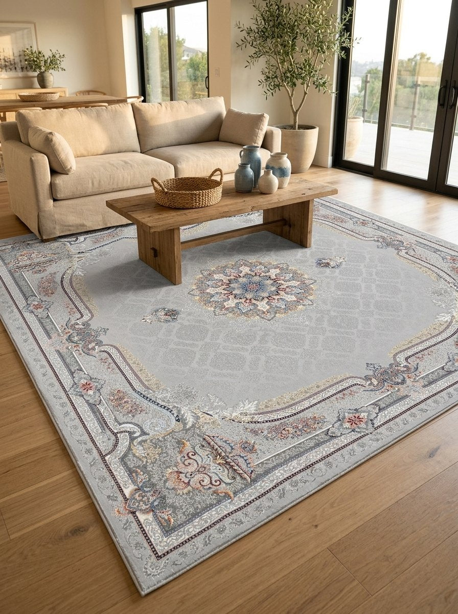 Silver Medallion Persian Rug · 1200 Reeds — size 8.2x11.5 Feet (250x350 cm) 9Meters shown to scale in a living room — Stylish Rugs & Carpets, Sacramento