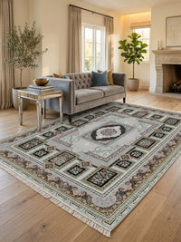 Silver Panel Persian Rug · 1200 Reeds — size 8.2x11.5 Feet (250x350 cm) 9Meters shown to scale in a living room — Stylish Rugs & Carpets, Sacramento