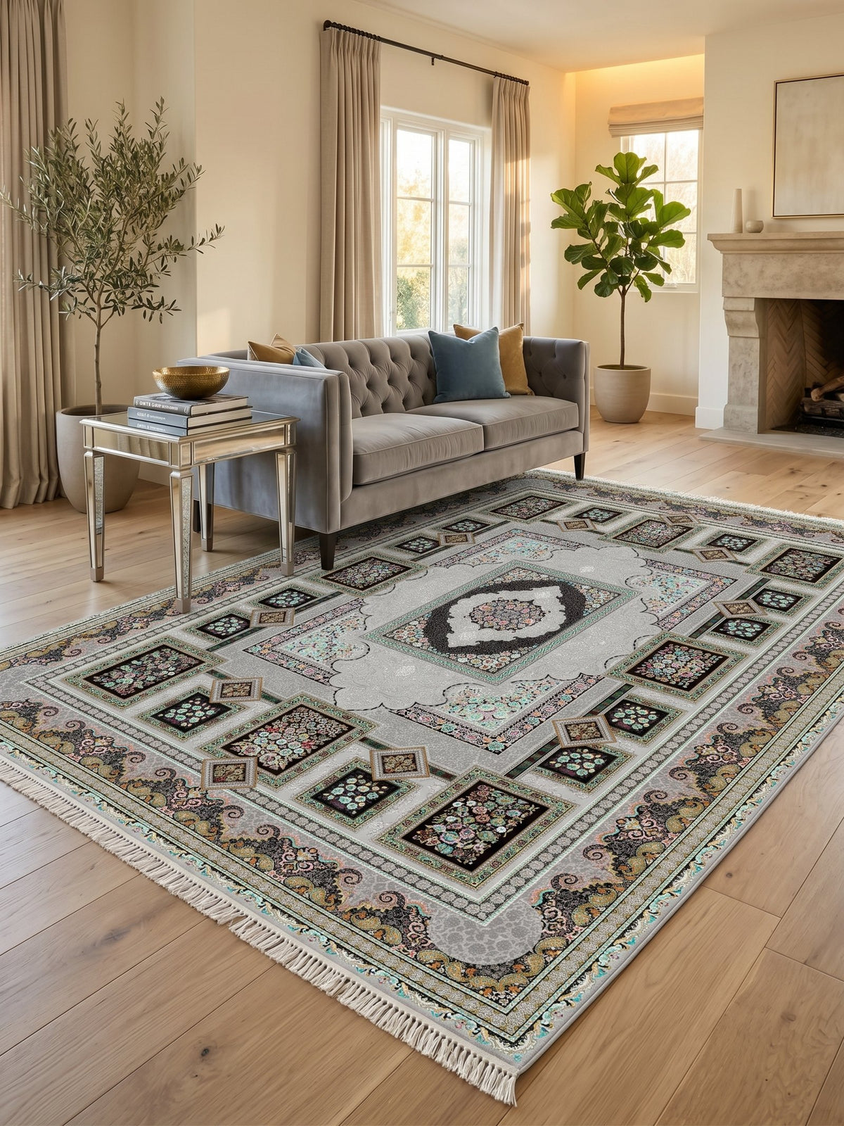Silver Panel Persian Rug · 1200 Reeds — size 8.2x11.5 Feet (250x350 cm) 9Meters shown to scale in a living room — Stylish Rugs & Carpets, Sacramento