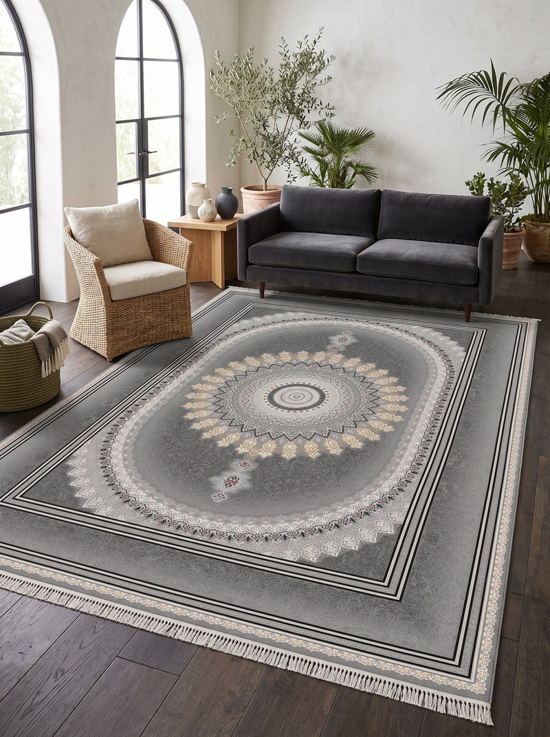 2026 Luxury Persian-Inspired Traditional Rug Dark Gray Oval Medallion 1200 Reeds