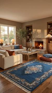 Classic Navy Medallion Persian Rug rug styled in a Sacramento home — Stylish Rugs & Carpets