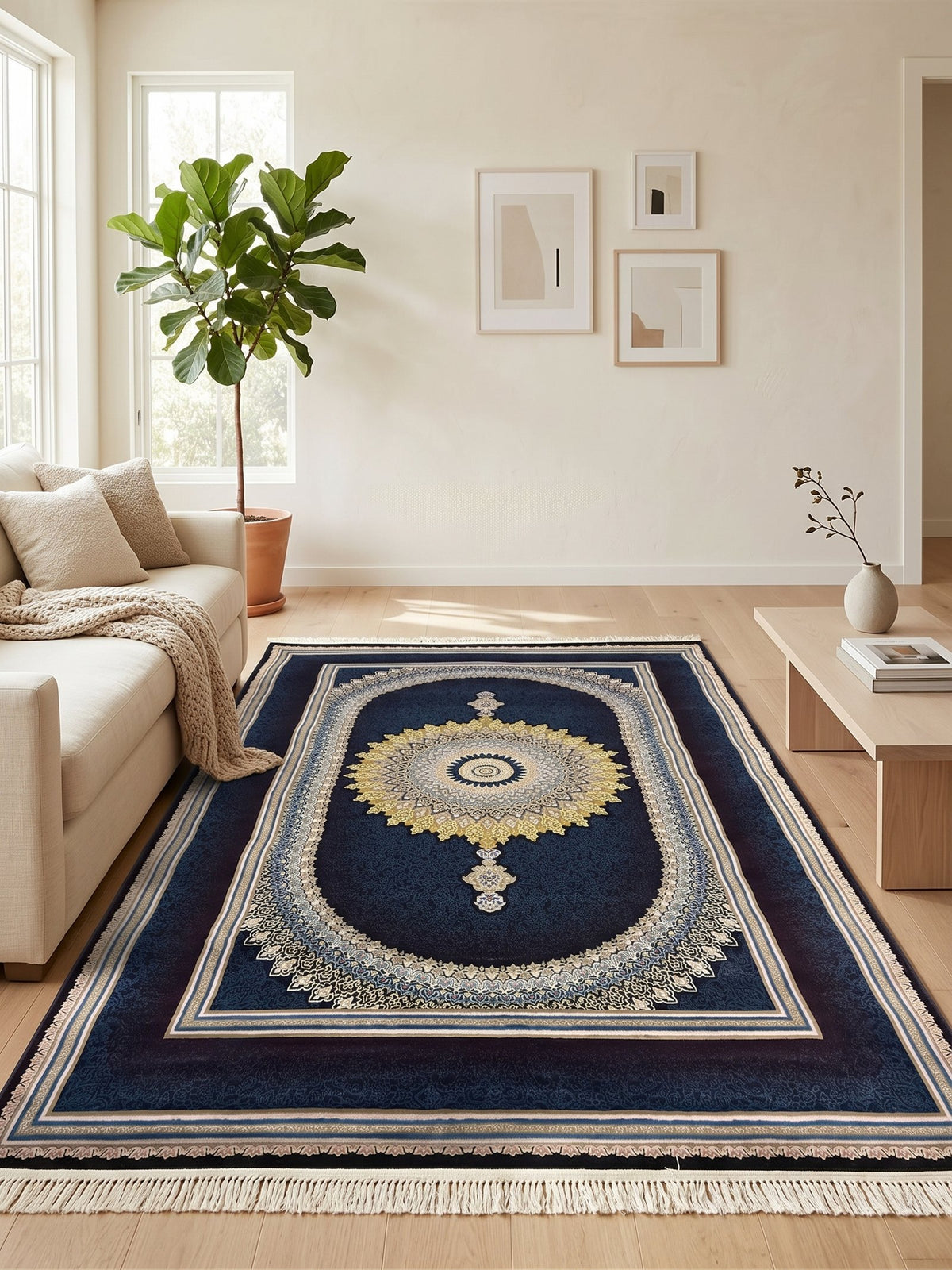 Navy & Burgundy Medallion Persian Rug · 1200 Reeds styled in a room — Stylish Rugs & Carpets, Sacramento