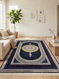 Navy & Burgundy Medallion Persian Rug · 1200 Reeds styled in a room — Stylish Rugs & Carpets, Sacramento