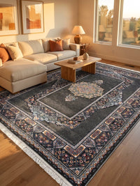 Dark Gray Medallion Persian Rug · 1200 Reeds — size 10x13 Feet (300x400 cm) 12Meters shown to scale in a living room — Stylish Rugs & Carpets, Sacramento