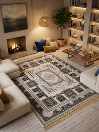 Cream & Silver Medallion Persian Rug styled in a room — Stylish Rugs & Carpets, Sacramento