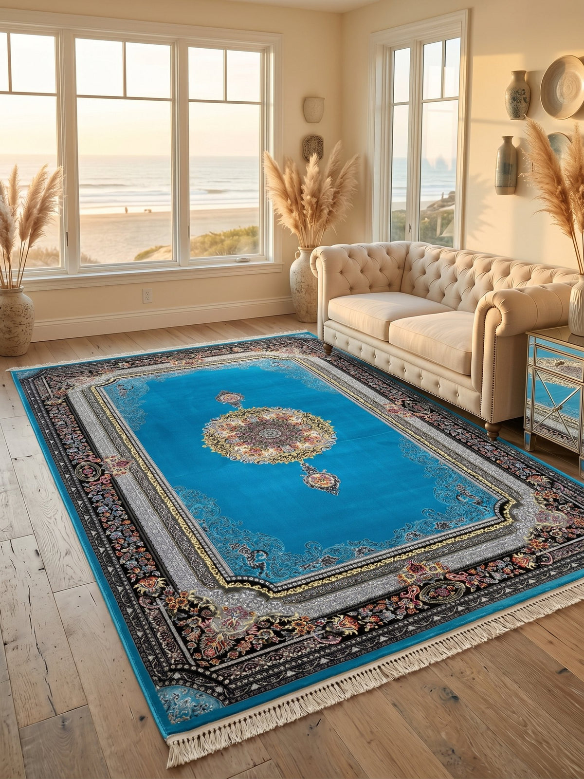 Light Blue & Gold Medallion Persian Rug styled in a room — Stylish Rugs & Carpets, Sacramento