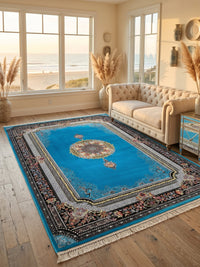 Light Blue & Gold Medallion Persian Rug styled in a room — Stylish Rugs & Carpets, Sacramento