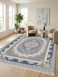 Navy-Border Oval Medallion Persian Rug · 1200 Reeds — size 10x13 Feet (300x400 cm) 12Meters shown to scale in a living room — Stylish Rugs & Carpets, Sacramento
