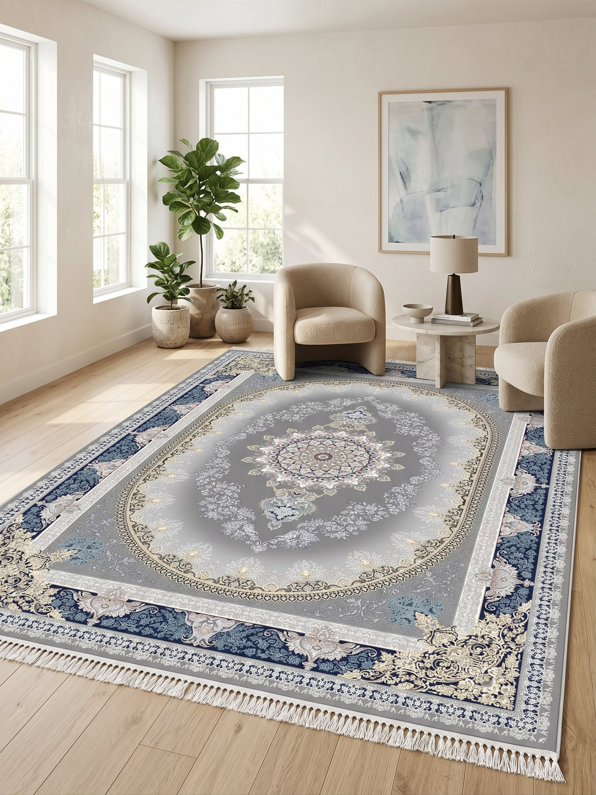 Navy-Border Oval Medallion Persian Rug · 1200 Reeds — size 10x13 Feet (300x400 cm) 12Meters shown to scale in a living room — Stylish Rugs & Carpets, Sacramento