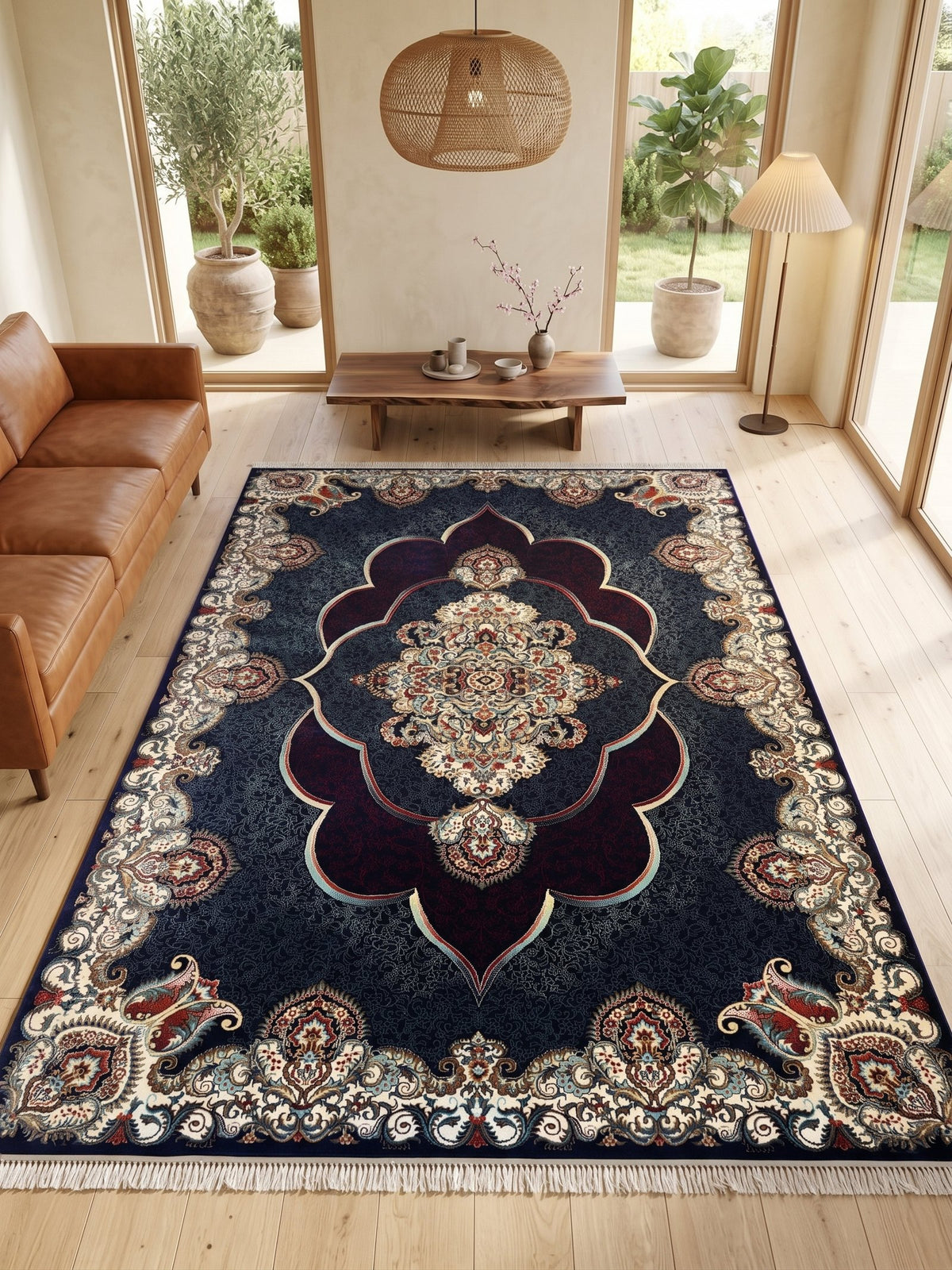 Mafkoor Persian Rug, Blue — 1200 Reeds styled in a room — Stylish Rugs & Carpets, Sacramento