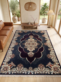 Mafkoor Persian Rug, Blue — 1200 Reeds styled in a room — Stylish Rugs & Carpets, Sacramento