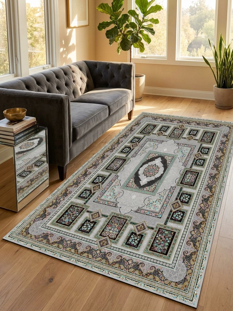 Silver Panel Persian Rug · 1200 Reeds — size 3x10Feet (91x300cm)  3Meters Runner shown to scale in a living room — Stylish Rugs & Carpets, Sacramento
