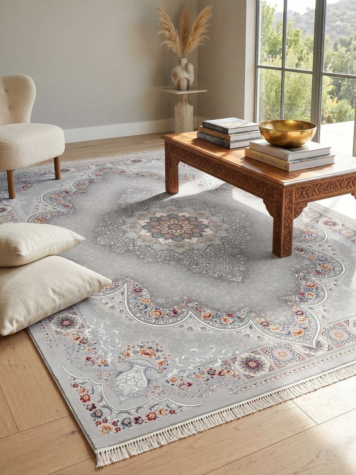 Light Gray Ornate Arch Medallion Persian Rug · 1200 Reeds — size 5x7.5 ft (150x230 cm) 3.5Meters shown to scale in a living room — Stylish Rugs & Carpets, Sacramento
