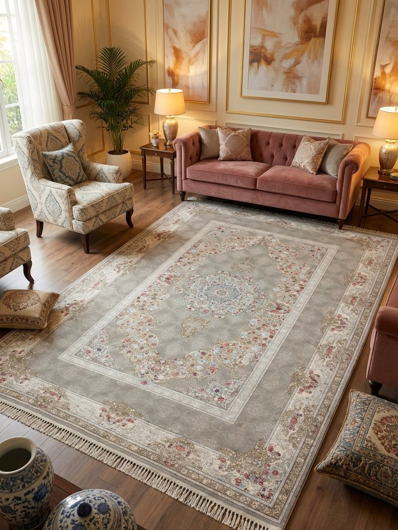 Classic Persian Carpet Medallion Light Gray Background Cream Border 2 Million Points