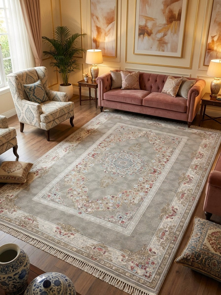 Classic Light Gray Medallion Persian Rug · 2M Points rug styled in a Sacramento home — Stylish Rugs & Carpets