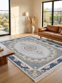 Navy-Border Silver Oval Medallion Persian Rug · 1200 Reeds — size 10x13 Feet (300x400 cm) 12Meters shown to scale in a living room — Stylish Rugs & Carpets, Sacramento