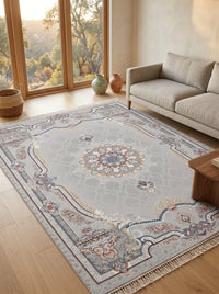 Silver Ornate-Frame Medallion Persian Rug · 1200 Reeds — size 5x7.5 ft (150x230 cm) 3.5Meters shown to scale in a living room — Stylish Rugs & Carpets, Sacramento