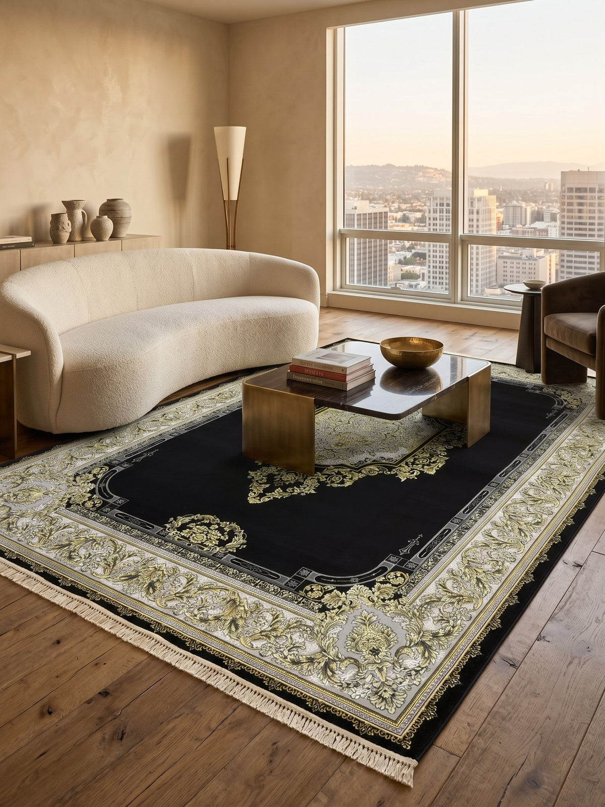 Black & Gold Medallion Turkish Rug styled in a room — Stylish Rugs & Carpets, Sacramento