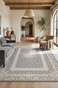 Blue-Grey Open-Field Medallion Rug - Shadow Art Silk — area rug styled in a room, Stylish Rugs & Carpets, Sacramento