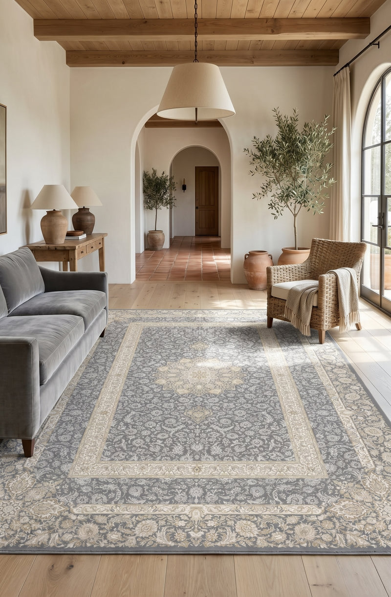 Blue-Grey open-field medallion rug from the Shadow line, Art Silk pile