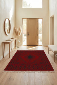 Red & Black Baluchi Turkish Rug — area rug styled in a room, Stylish Rugs & Carpets, Sacramento