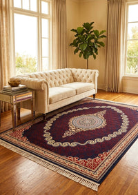 Red & Gold Scroll Persian Rug · 1200 Reeds — size 6.5x10 Feet (200x300 cm) 6Meters shown to scale in a living room — Stylish Rugs & Carpets, Sacramento