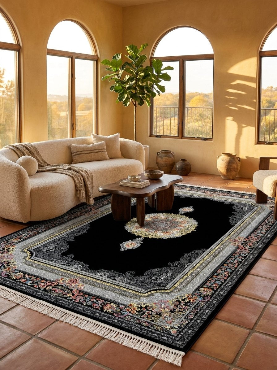 Black Medallion Shah Persian Rug rug styled in a Sacramento home — Stylish Rugs & Carpets
