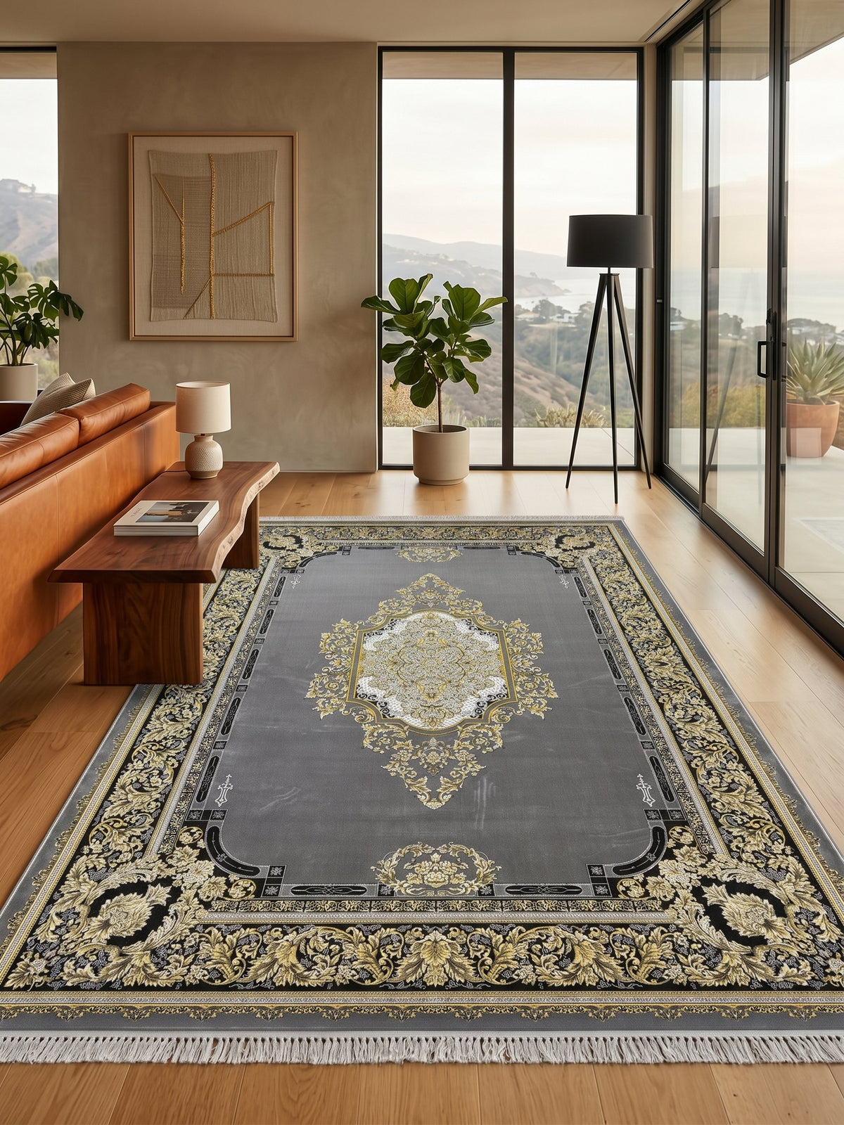 Dark Gray & Gold Shah Persian Rug styled in a room — Stylish Rugs & Carpets, Sacramento