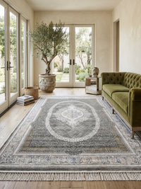 Dark Gray Medallion Turkish Rug styled in a room — Stylish Rugs & Carpets, Sacramento