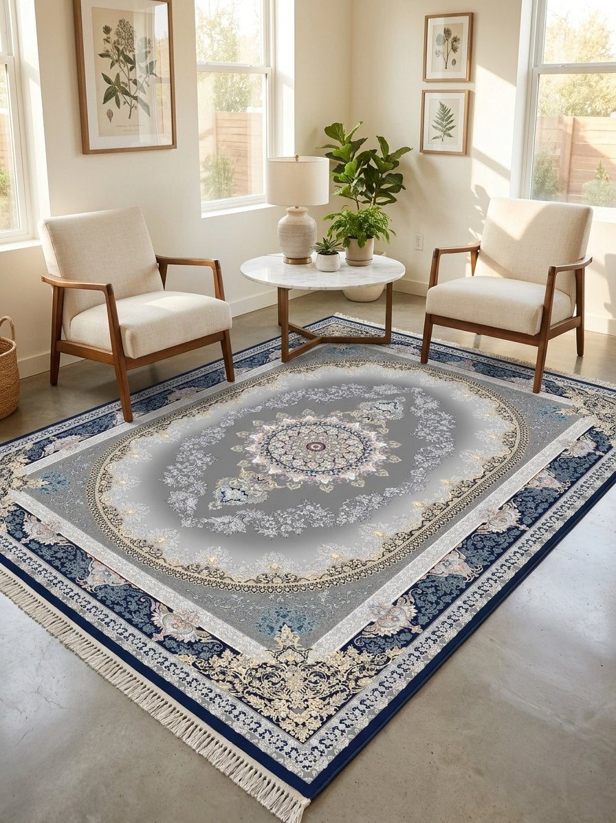 Navy Medallion Persian Rug · 1200 Reeds — size 6.5x10 Feet (200x300 cm) 6Meters shown to scale in a living room — Stylish Rugs & Carpets, Sacramento