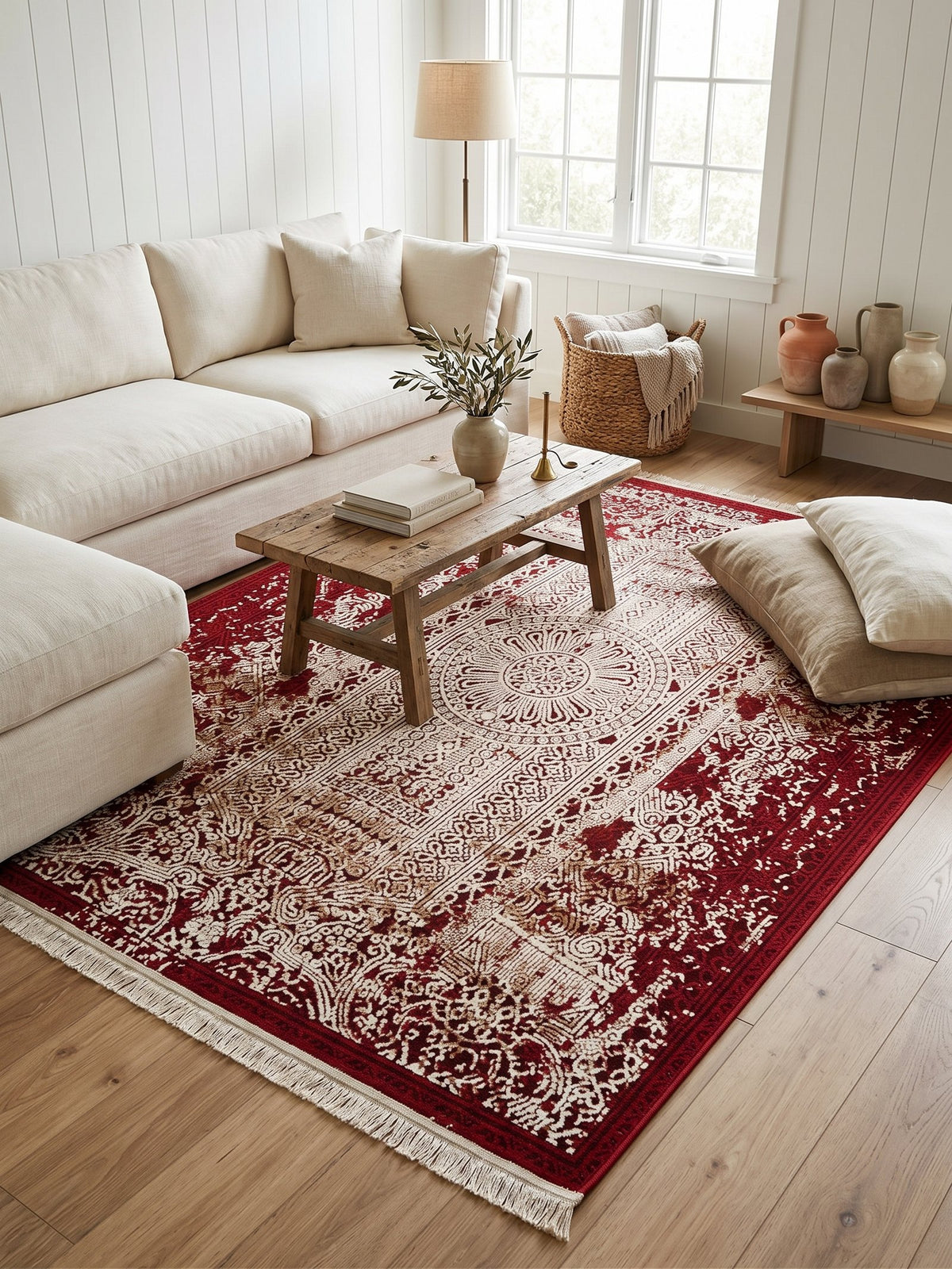 Red White Antique-Style Bamboo Rug styled in a room — Stylish Rugs & Carpets, Sacramento