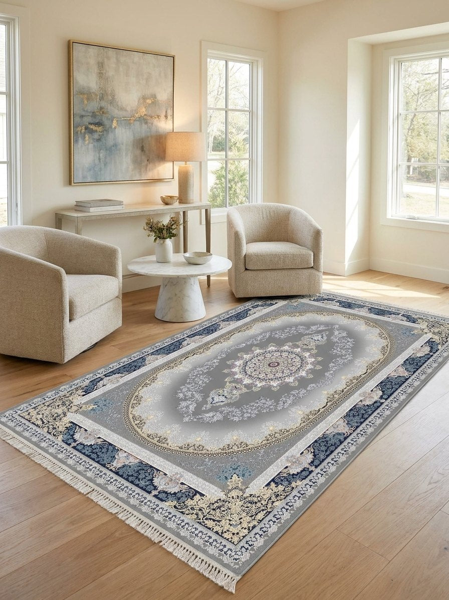 Navy Medallion Persian Rug · 1200 Reeds — size 3x10Feet (91x300cm)  3Meters Runner shown to scale in a living room — Stylish Rugs & Carpets, Sacramento