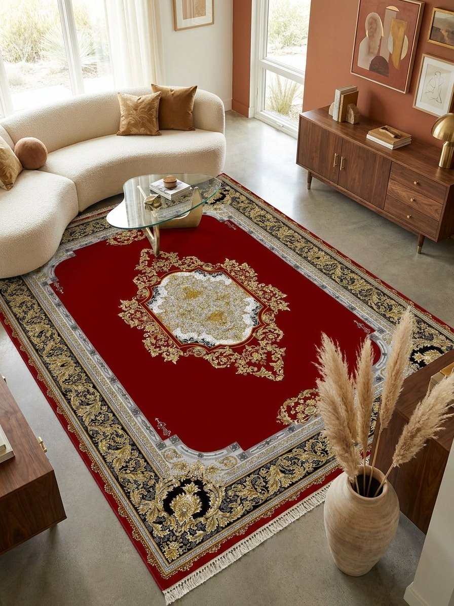 Red & Gold Medallion Shah Persian Rug rug styled in a Sacramento home — Stylish Rugs & Carpets
