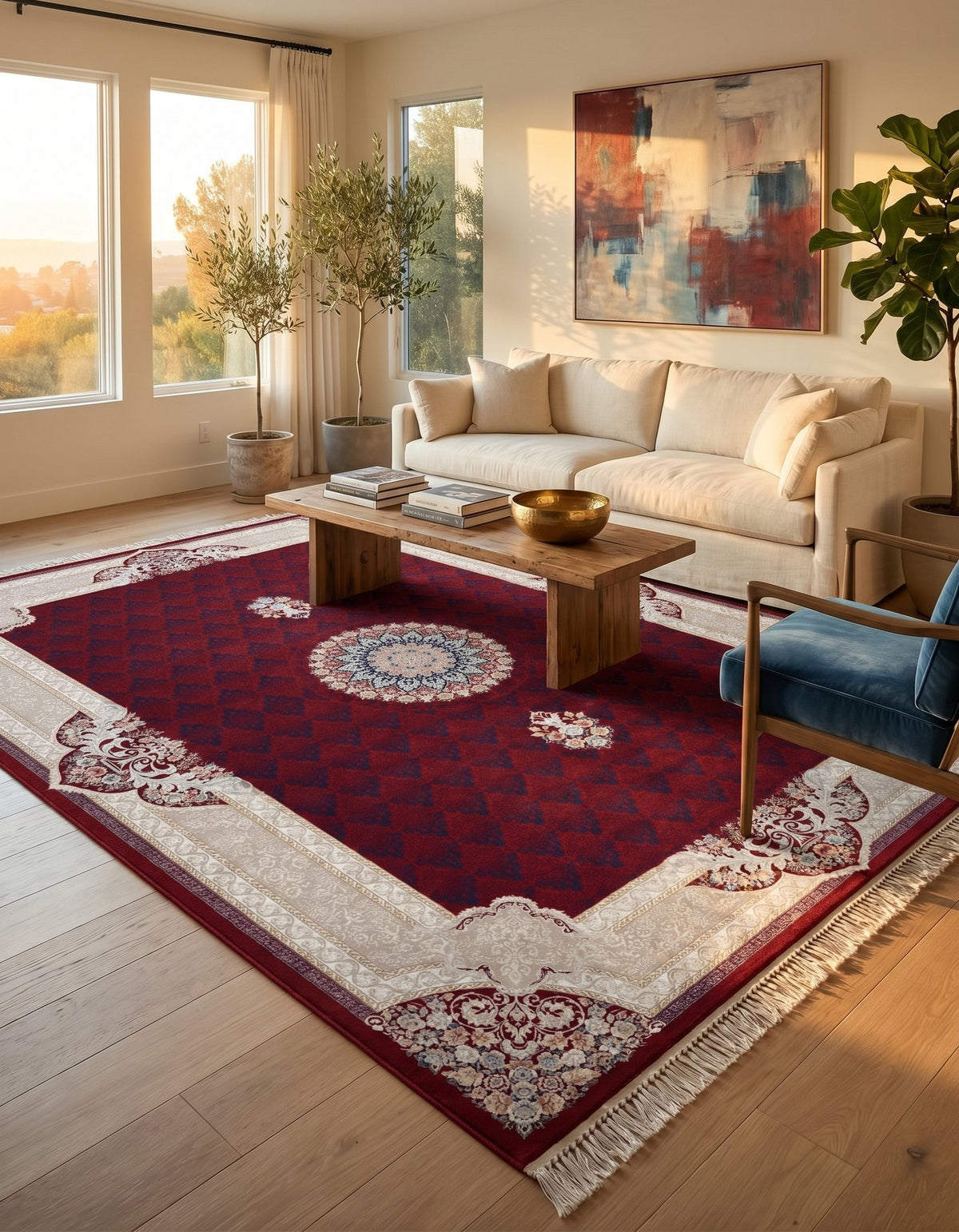 Red Central Medallion Persian Rug — area rug styled in a room, Stylish Rugs & Carpets, Sacramento