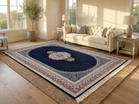 Navy Medallion Persian Rug · 1200 Reeds — size 6.5x10 Feet (200x300 cm) 6Meters shown to scale in a living room — Stylish Rugs & Carpets, Sacramento